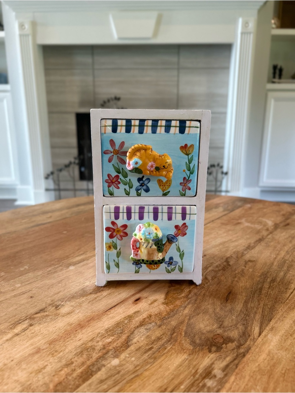 Tabletop Wooden Cabinet with Ceramic Drawers Cat and Watering Can